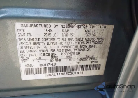 2005 Nissan Altima 2.5 S from USA, damaged, VIN 1N4AL11D35C301814